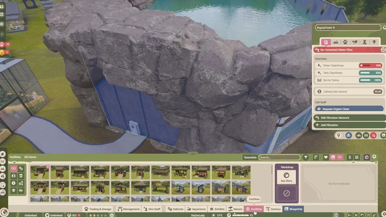 Planet Zoo 2 aquarium information panel showing No Connected Water Filter beside the tank