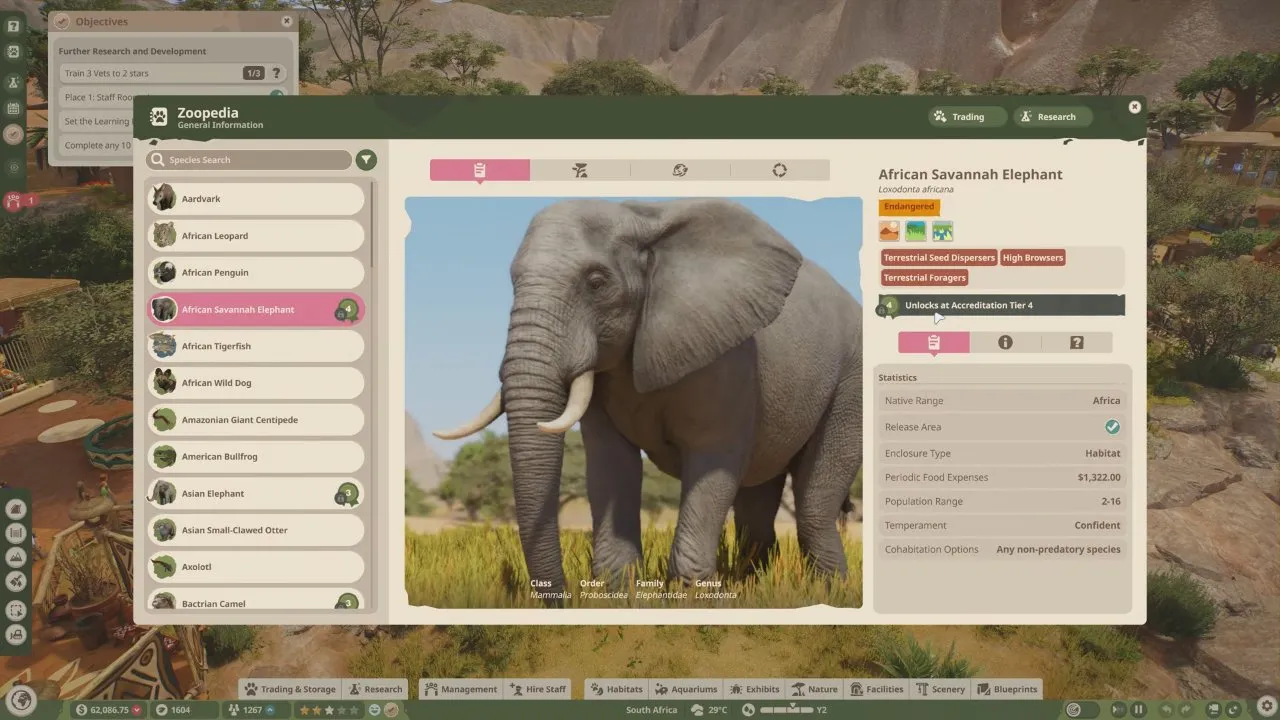 Planet Zoo 2 beginner tips Zoopedia African Savannah Elephant accreditation unlock requirement