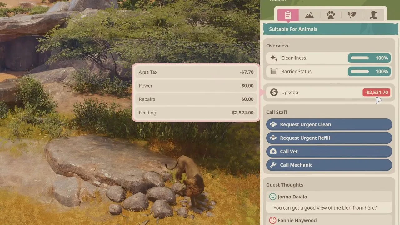 Planet Zoo 2 beginner tips habitat upkeep breakdown showing feeding costs beside a lion habitat